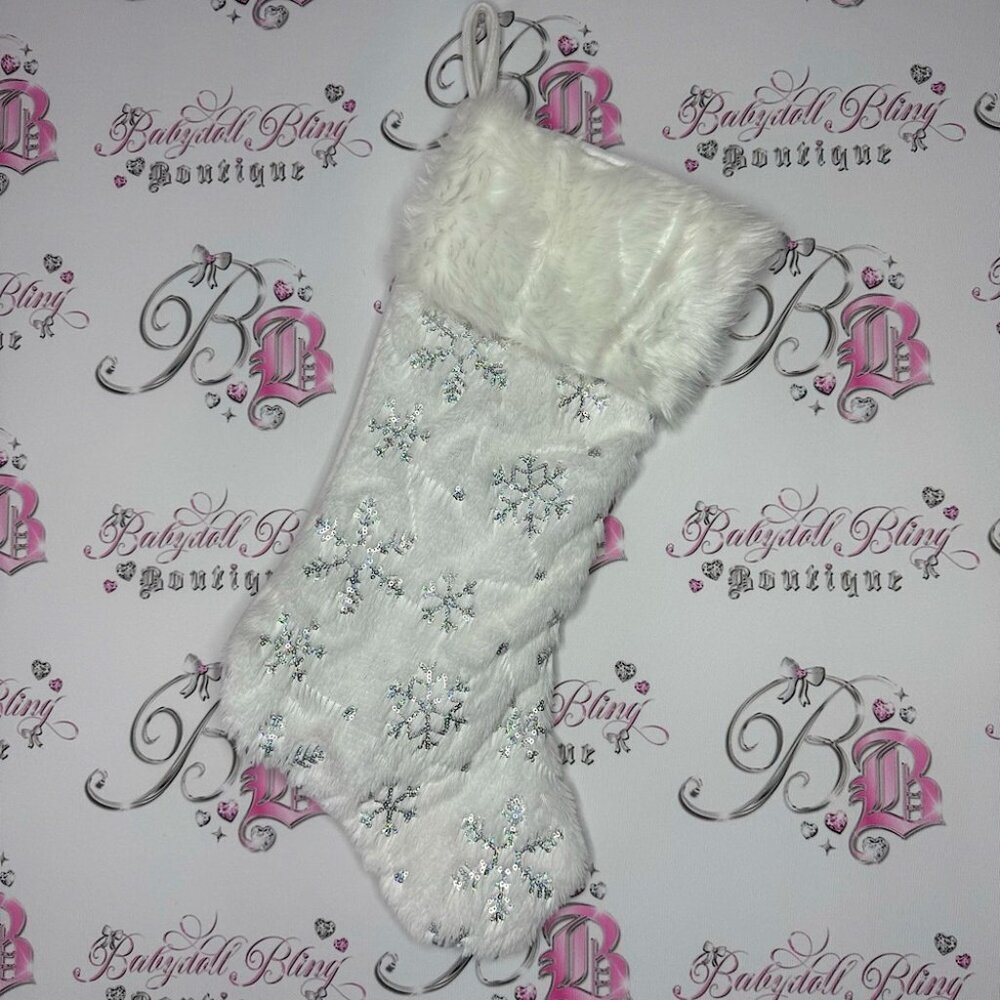 Stocking sparkly snow flakes holographic sequins furry white hanging Christmas